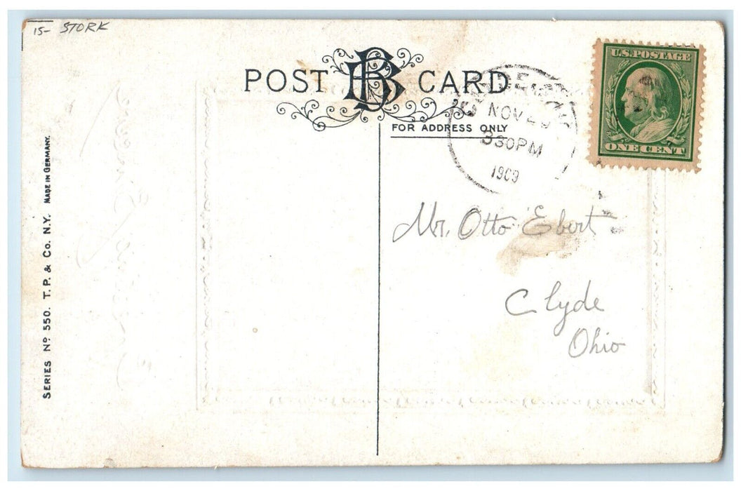 1909 Greeting Sincere Stork Delivering Baby Embossed Posted Antique Postcard