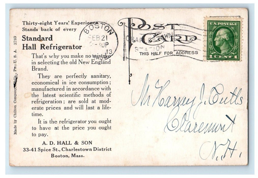1913 A.D. Hall Ice Box Refrigerator Advertising Boston MA Monument Postcard