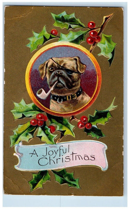 1909 Christmas Bulldog Pirate Eye Patch Pipe Holly Berries Bamforth Postcard