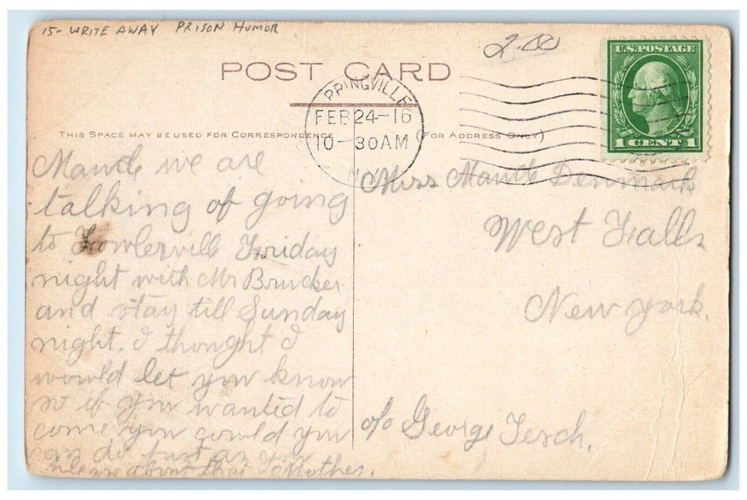 c1910's Man In Prison Bomb Write Away Prison Humor Springfield NY Postcard