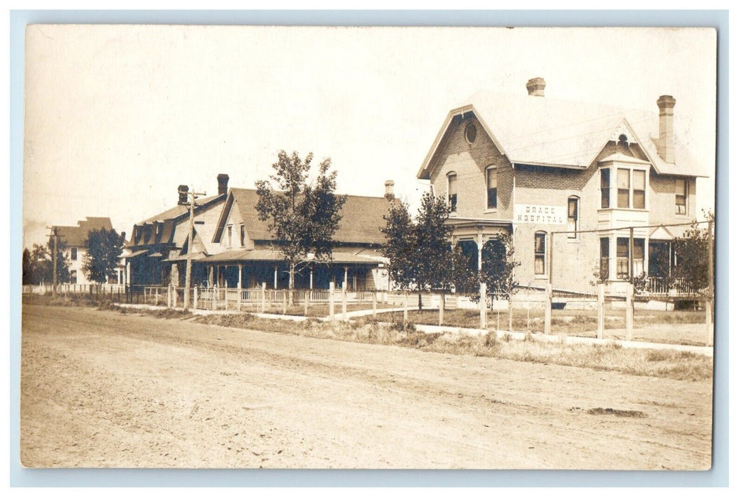 c1910 Grace Hospital Glendive Montana MT Dirt Road RPPC Photo Postcard