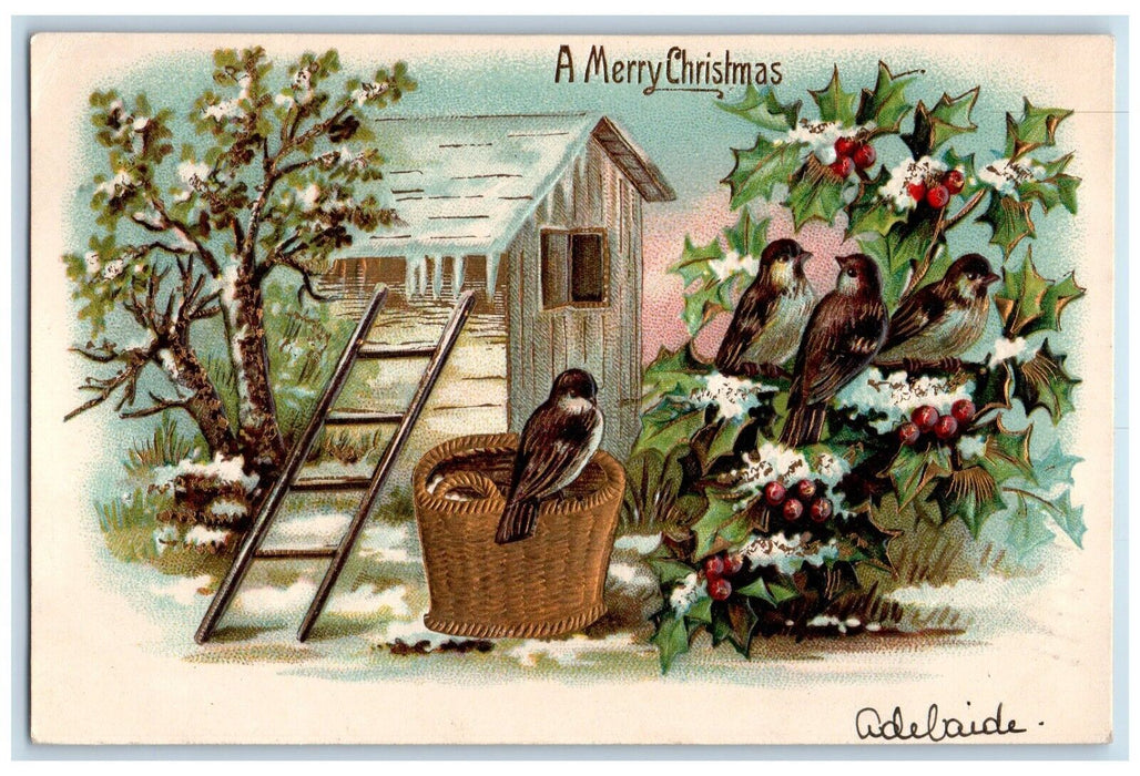 Christmas Song Birds Basket Holly Berries Ladder Glitter Embossed Postcard