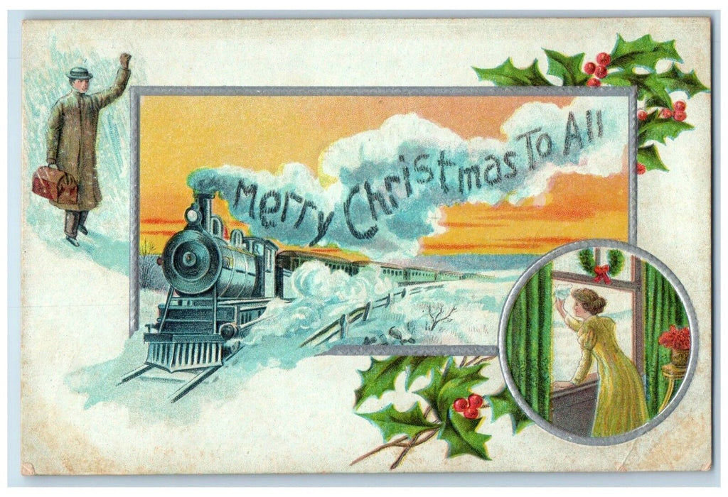 c1910's Merry Christmas Railroad Train Man Home Woman Waving Berries Postcard