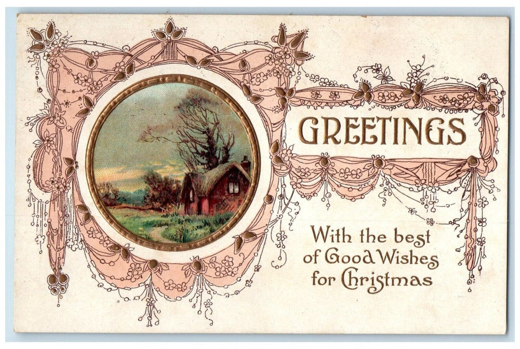 Christmas Greetings Hut And Trees Farm Scene Embossed Unposted Antique Postcard