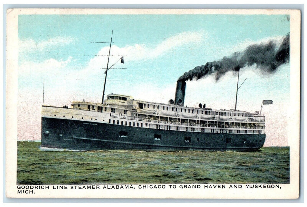 1917 Goodrich Line Steamer Alabama, Chicago to Grand Haven Muskegon MI Postcard