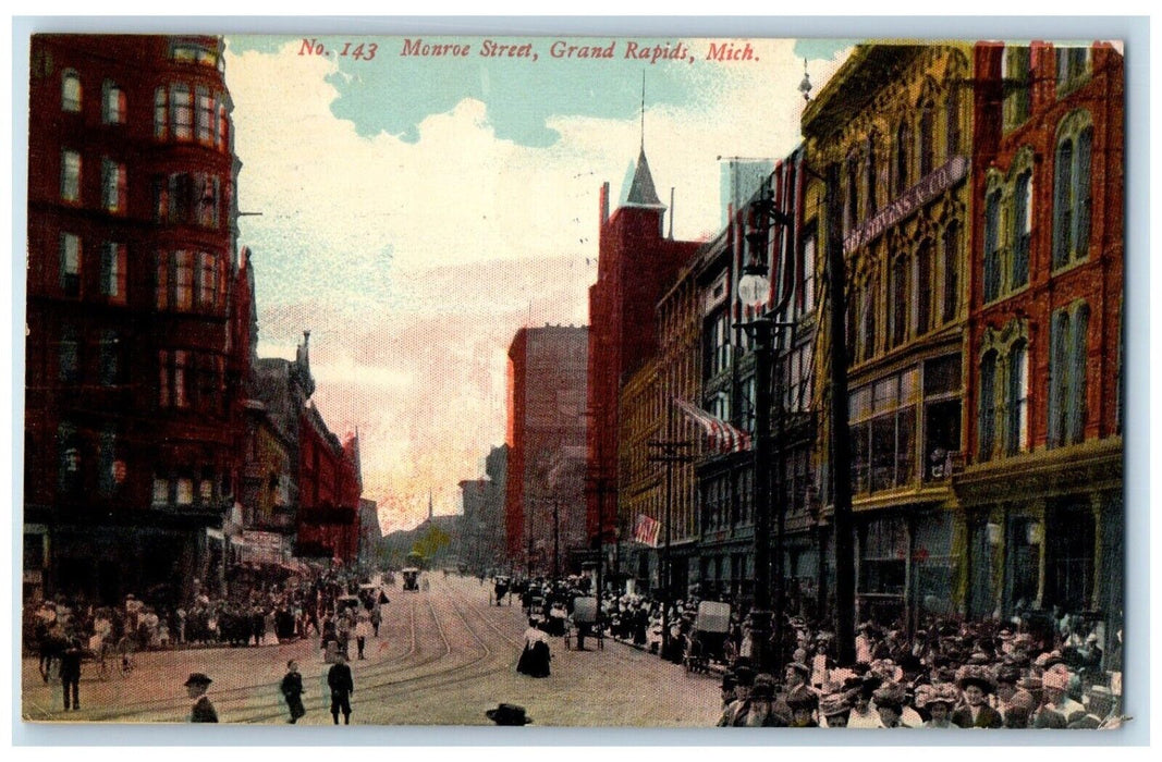 1913 Crowd Scene Railway Monroe Street Grand Rapids Michigan MI Postcard