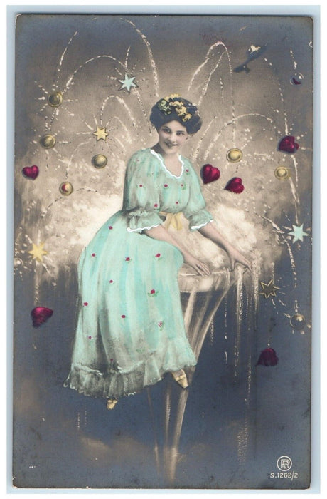 New Year Pretty Woman Fantasy Sitting On Champagne Glass RPPC Photo Postcard