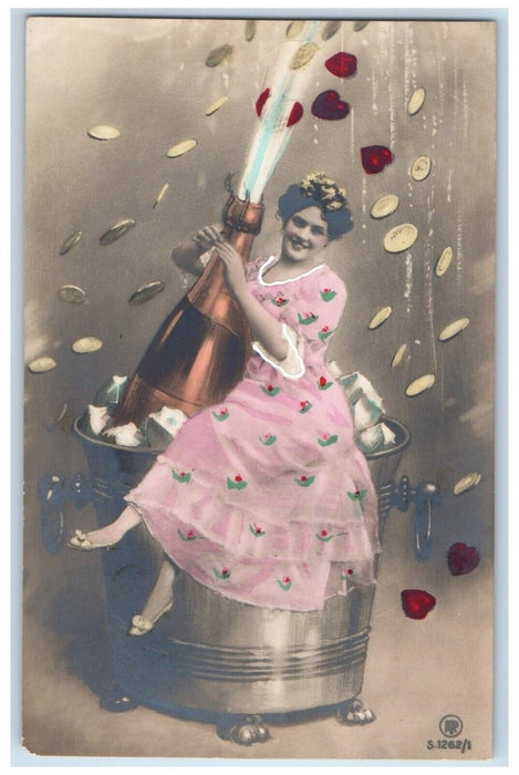 New Year Woman On Top Of Bucket Champagne Fantasy RPPC Photo Unposted Postcard