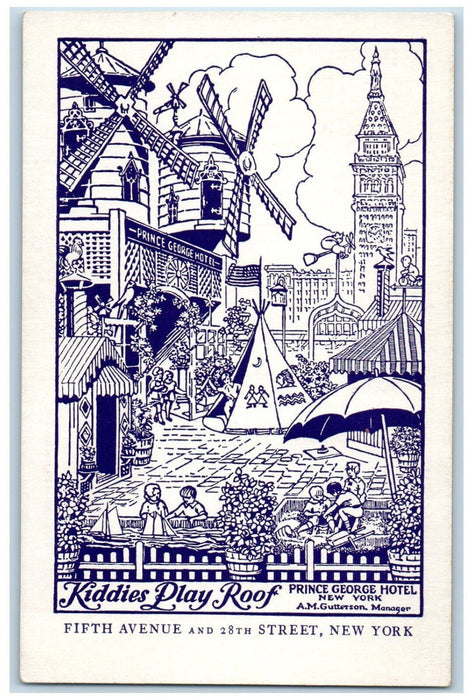 c1920's Tent Windmill Toy Boat Kiddies Play Roof Prince George Hotel NY Postcard