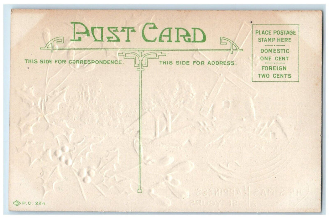 c1910's Christmas Berries Mistletoe Windmill Winter Embossed Antique Postcard