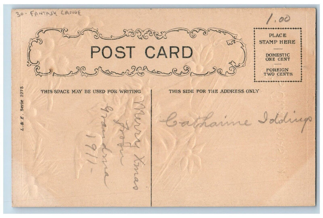 1911 Christmas Sledding With Poinsettia Flowers Fantasy Canoe Embossed Postcard