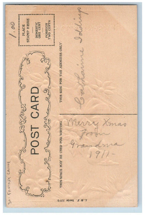 1911 Christmas Sledding With Poinsettia Flowers Fantasy Canoe Embossed Postcard