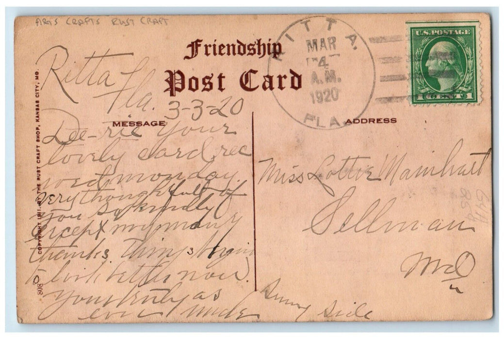 1920 Goodbye Message Arts Crafts Rust Crafts Ritta Florida FL Antique Postcard