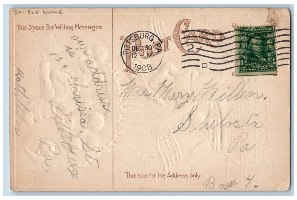 1908 New Year Elf Gnome Crescent Escaped Sacks Of Coins Embossed Posted Postcard