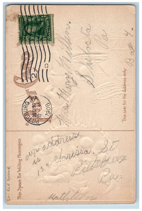 1908 New Year Elf Gnome Crescent Escaped Sacks Of Coins Embossed Posted Postcard