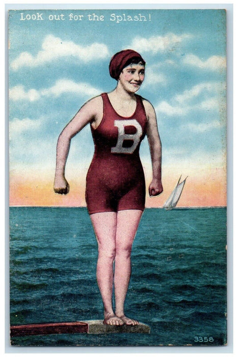 Pretty Woman Bathing Bath Swimmer Sailboat Look Our For The Spanish Postcard