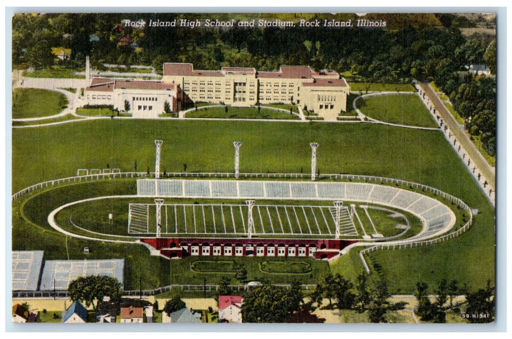 1951 Rock Island High School and Stadium Rock Island Illinois IL Postcard