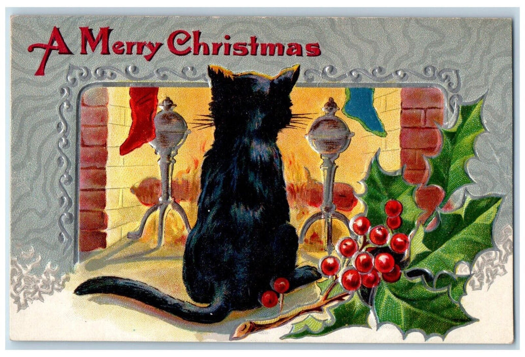 c1910's Christmas Holly Berries Halloween Black Cat Embossed Antique Postcard