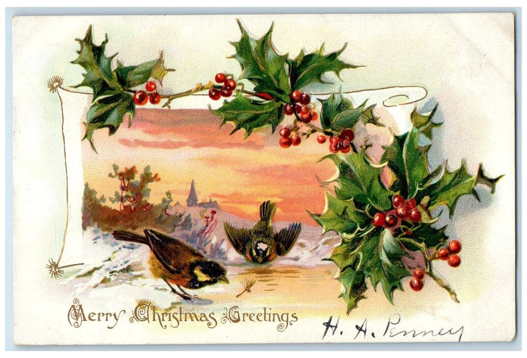 Christmas Greetings Birds Holly Berries Tuck's Embossed Hummelstown PA Postcard