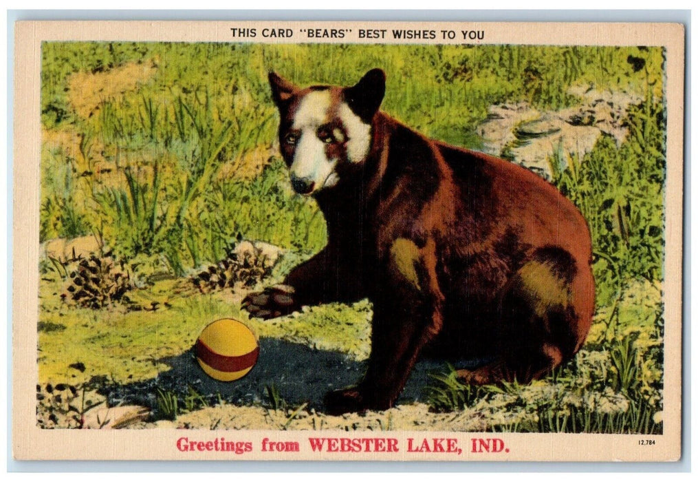 c1910's Greetings From Webster Lake Indiana IN, Bear Playing Ball Postcard