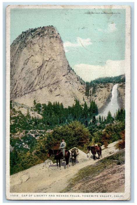 1919 Cap of Liberty & Nevada Falls Yosemite Valley CA Phostint Postcard