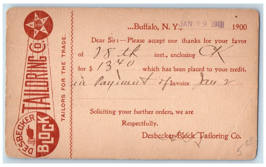 1901 Desbecker Tailoring Co. Enclosing Advertising Buffalo New York NY Postcard