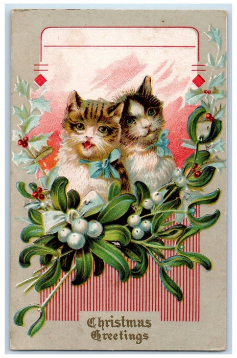 c1910's Christmas Greetings Holly Berries With Two Cats Embossed Posted Postcard