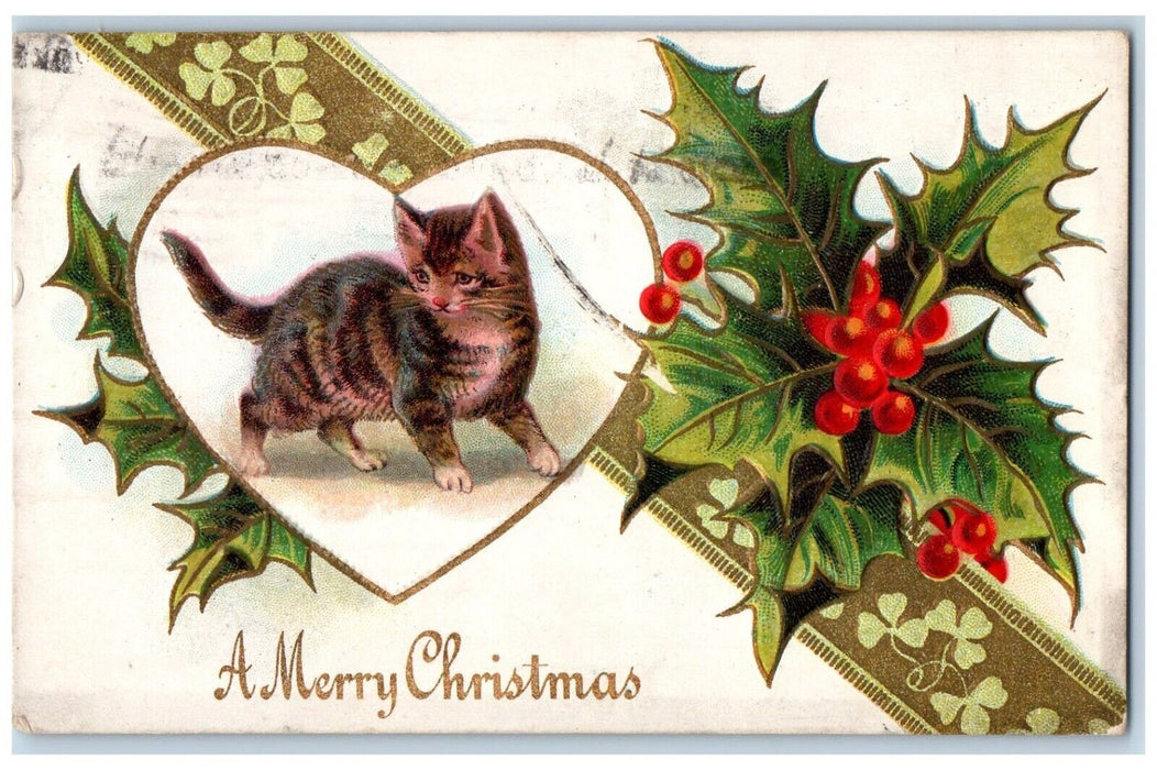 1910 Christmas Holly Berries Heart Cat Embossed Posted Antique Postcard