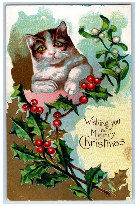 c1910's Christmas Holly Berries Cute Fat Cat Embossed Bamforth Antique Postcard
