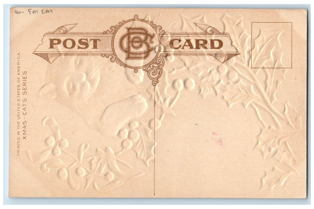 c1910's Christmas Holly Berries Cute Fat Cat Embossed Bamforth Antique Postcard