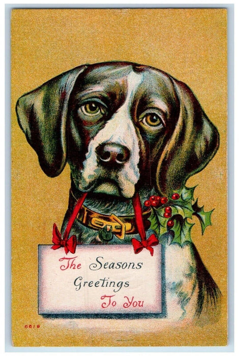 1911 Christmas Greetings Sign Dog Puppy Holly Berries Posted Antique Postcard