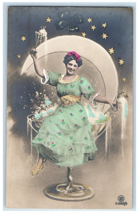 New Year Woman On Top Of Champagne Glass Cresent Fantasy RPPC Photo Postcard