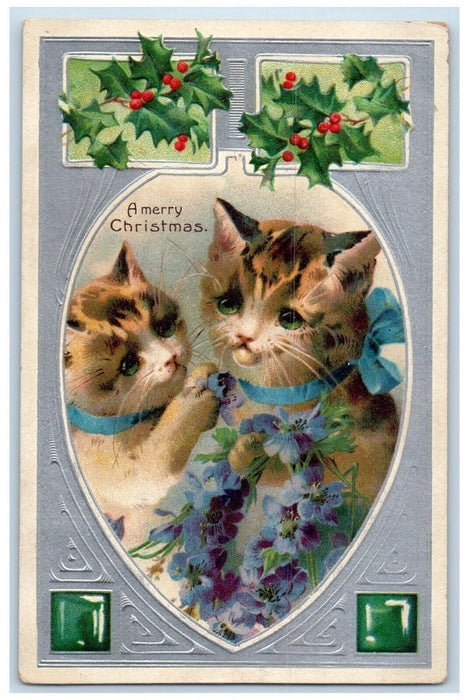 c1910's Christmas Sad Cats Holly Berries Pansies Flowers Embossed Postcard