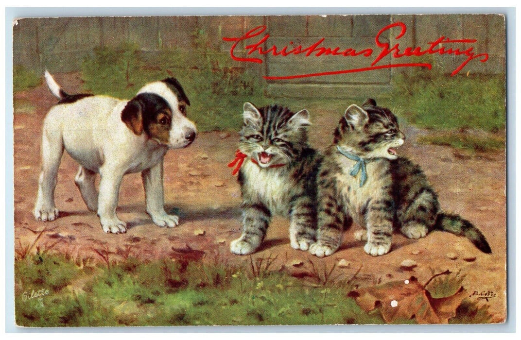 c1910's Christmas Greetings Dog Tiger Cats Embossed Oilette Tuck's Postcard