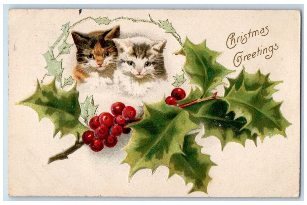 c1910's Christmas Greetings Holly Cats Helen Maguire Winsch Back Posted Postcard