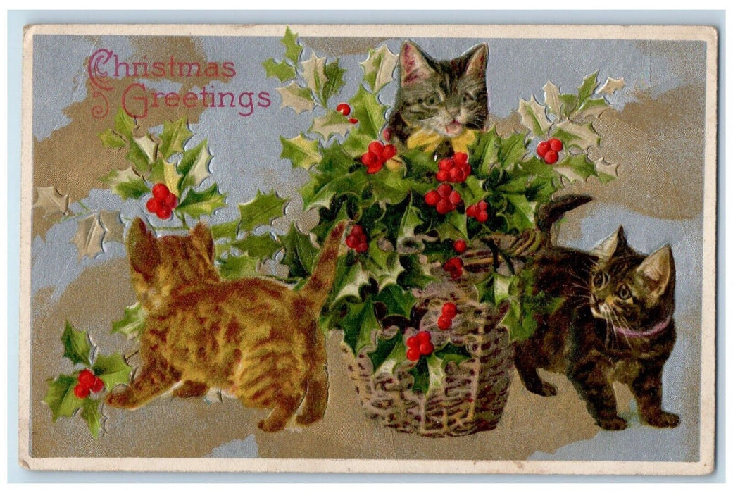 1910 Christmas Greetings Cats Playing Holly Helen Maguire Winsch Back Postcard