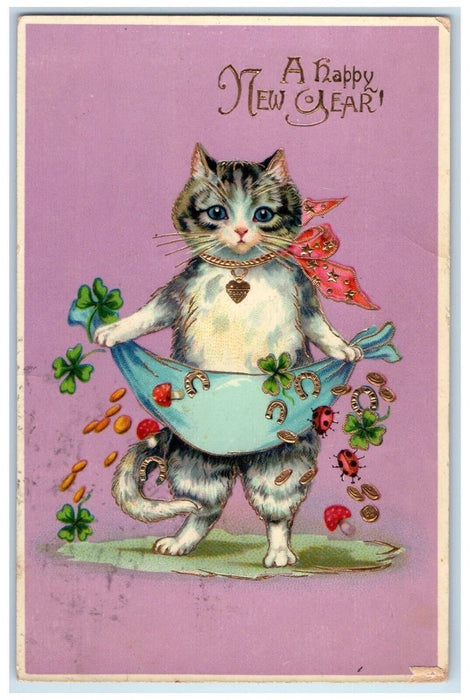 New Year Anthropomorphic Cat Horseshoe Lady Bug Coins Gel Gold Gilt Postcard