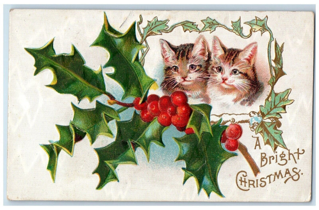 c1910's Christmas Holly Berries Two Cats Embossed Posted Antique Postcard