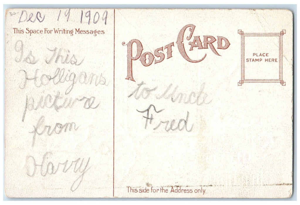 1909 Christmas Cat Kitten Red Flowers Embossed Posted Antique Postcard