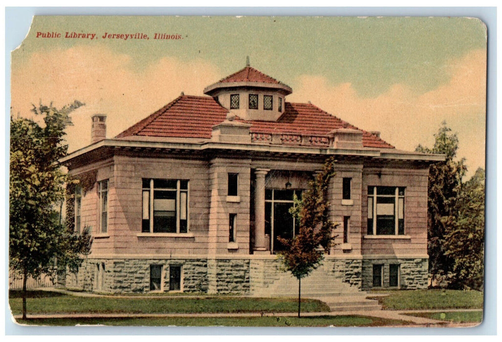 1910 Public Library Entrance Jerseyville Illinois IL Antique Posted Postcard