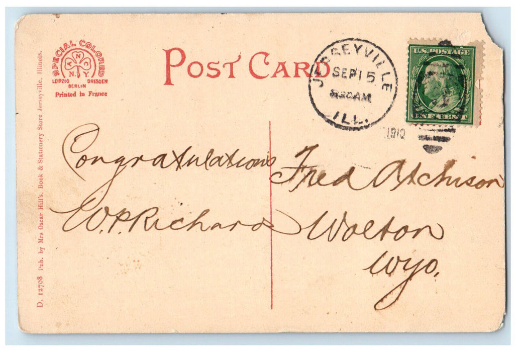 1910 Public Library Entrance Jerseyville Illinois IL Antique Posted Postcard