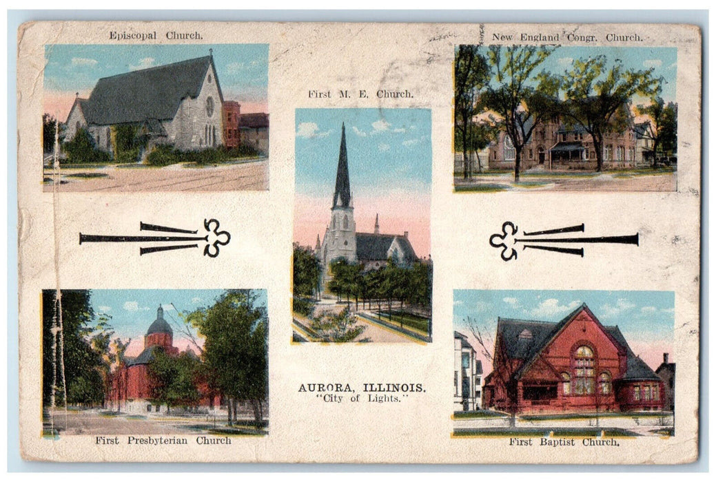 1919 City of Lights Aurora Illinois IL Multiview Antique Posted Postcard