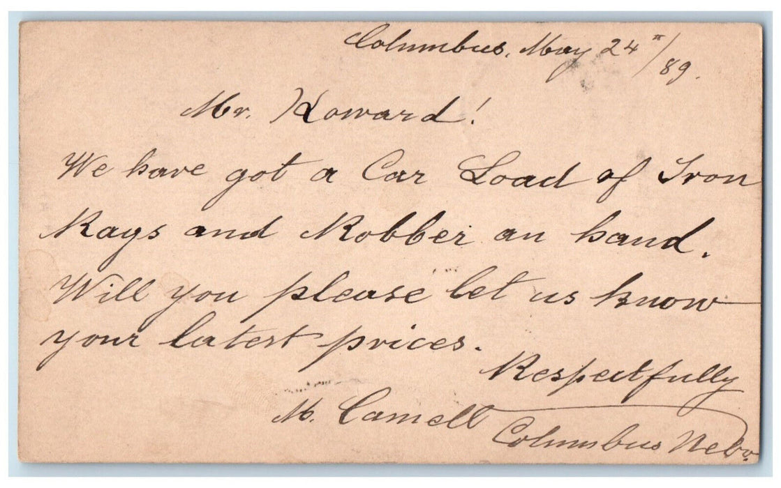 1889 Camell WS Howard Columbus Nebraska NE Omaha NE Posted Postal Card