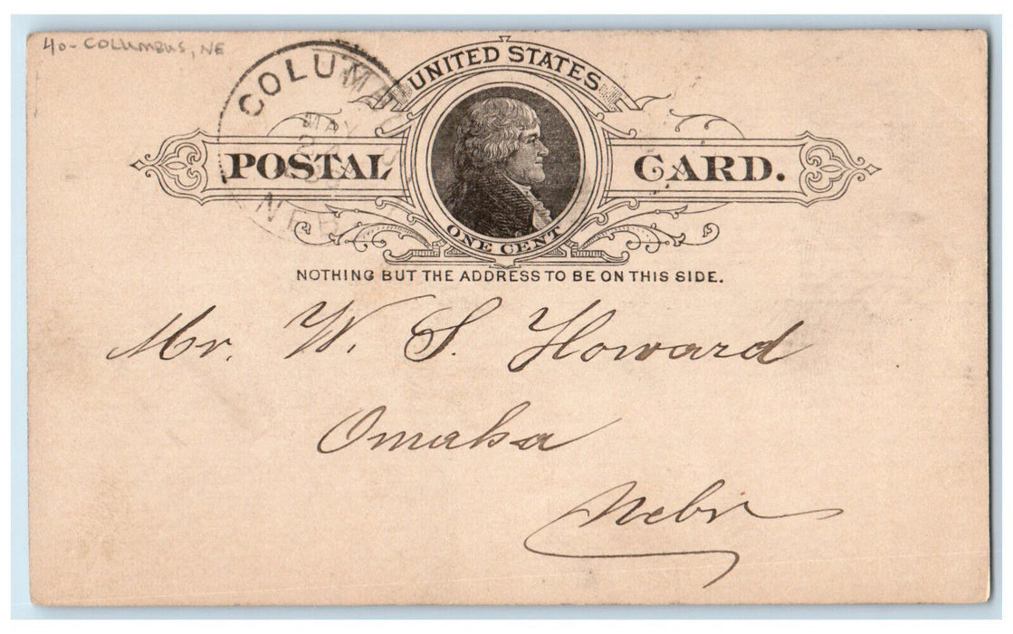1889 Camell WS Howard Columbus Nebraska NE Omaha NE Posted Postal Card