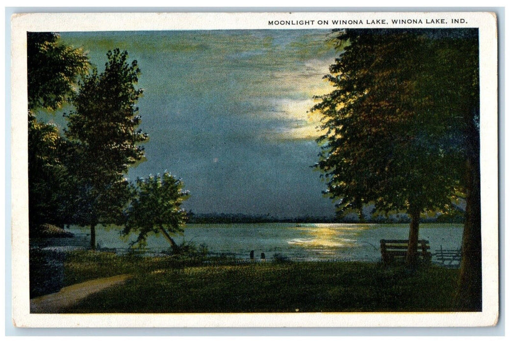 c1930's Winona Lake Indiana IN, View Of Moonlight On Winona Lake Postcard