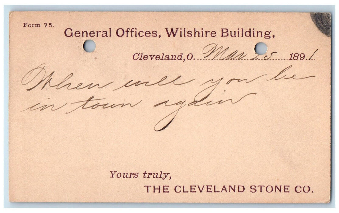 1891 Cleveland Stone Co Wilshire Building Cleveland Elyria Ohio OH Postal Card