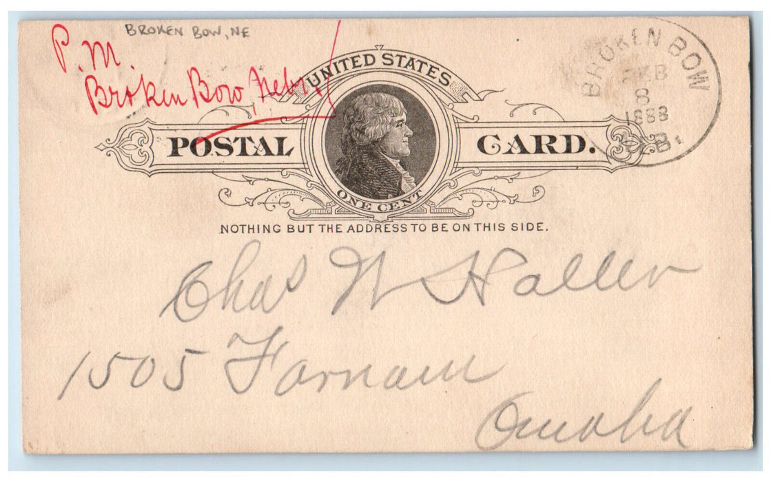 1888 Chas Haller PO Box P.M. Broken Bow Omaha Nebraska NE Postal Card