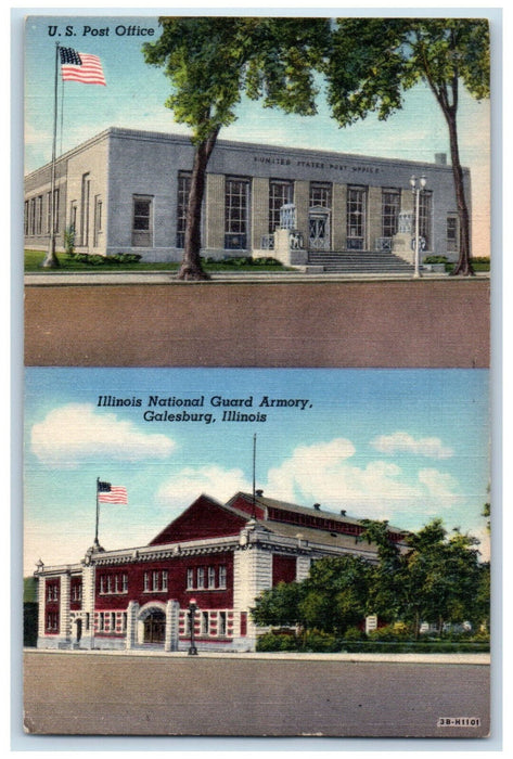 c1940's US Post Oficce Illinois National Guard Armory Galesburg IL Postcard