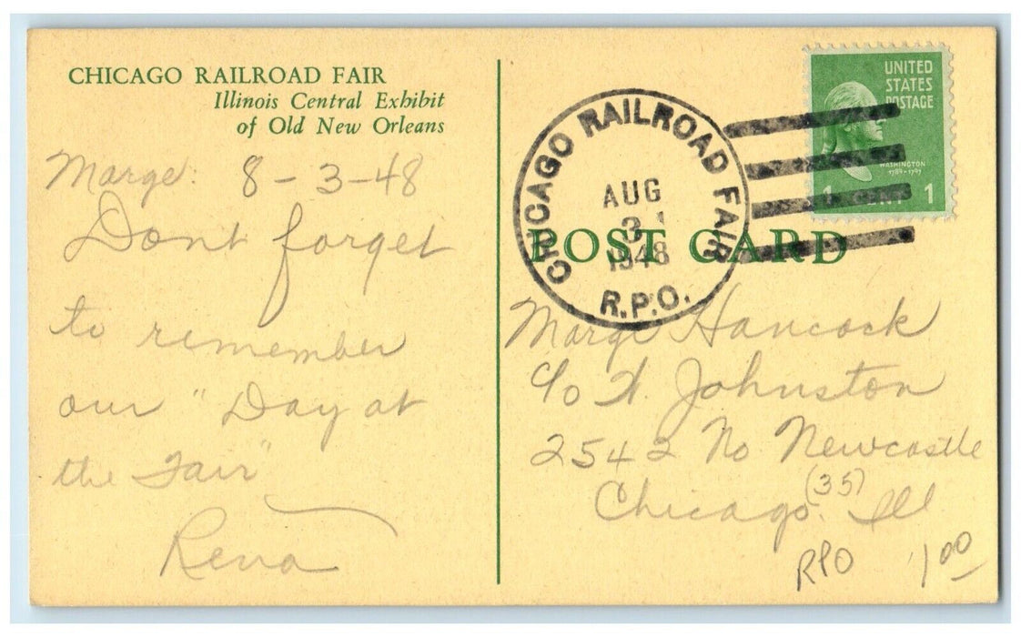 1948 Chicago Railroad Fair Illinois Central Exhibit Of New Orleans RPO Postcard
