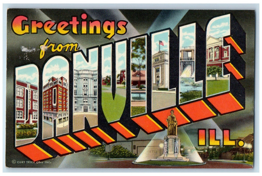 1952 Greetings from Danville Illinois IL Multiview Big Letters Postcard